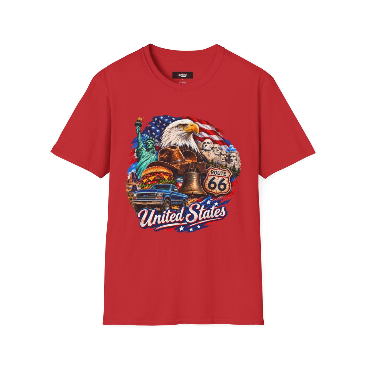 United States Patriotic T-Shirt — Bald Eagle, Statue of Liberty & Route 66 Design