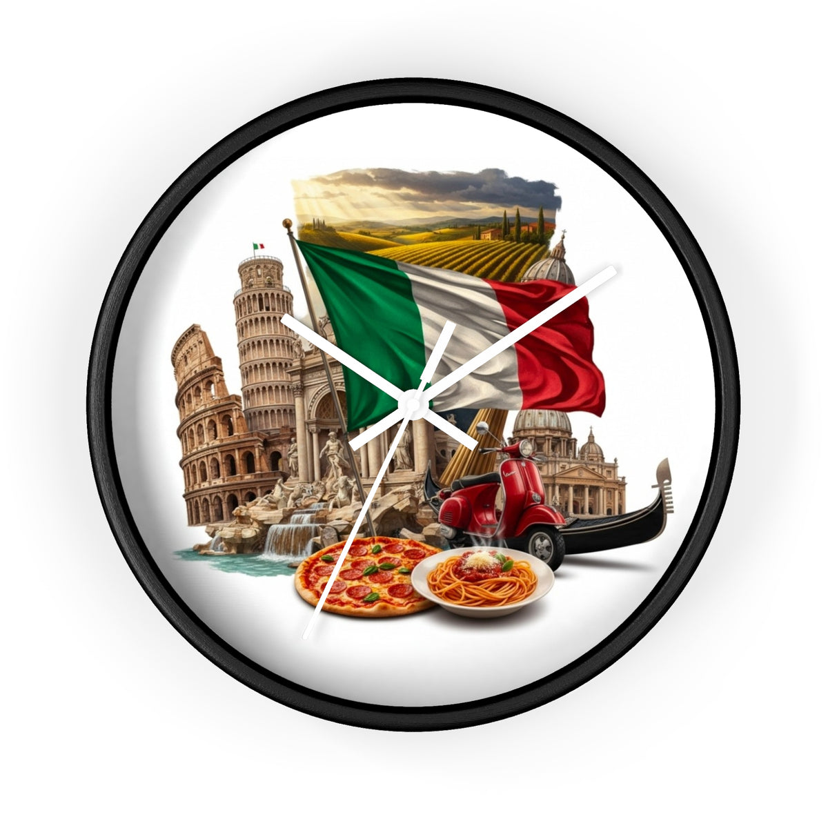 Italian Landmarks Wall Clock — Pizza, Vespa & Flag Heritage Decor