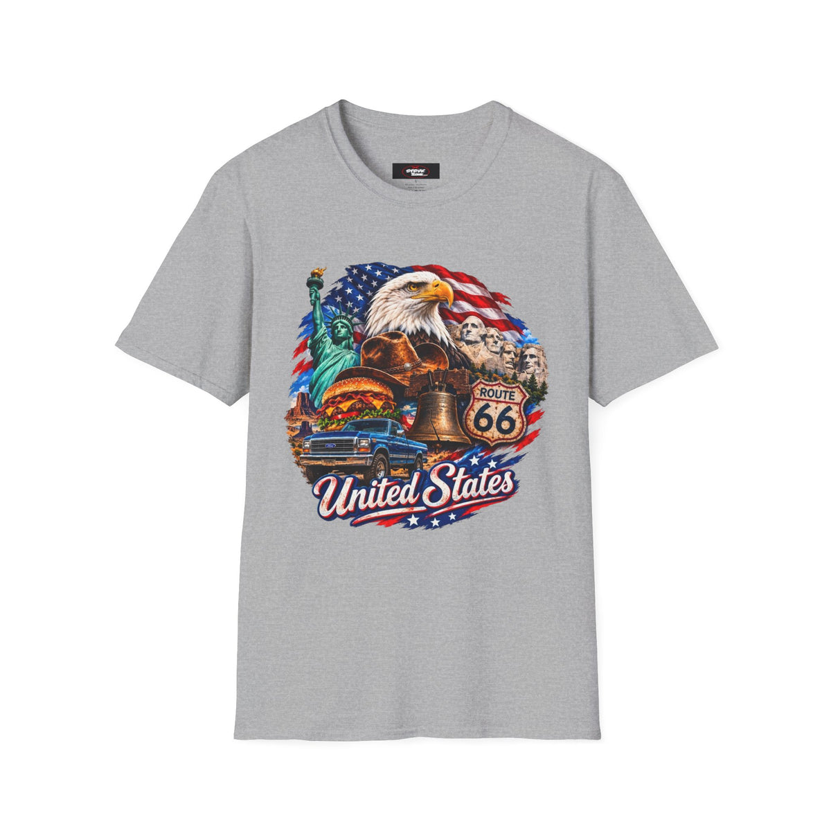 United States Patriotic T-Shirt — Bald Eagle, Statue of Liberty & Route 66 Design