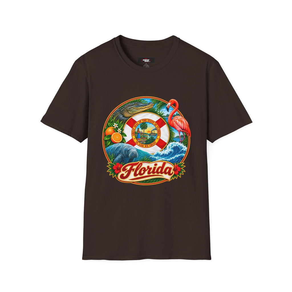 Florida Vintage Lifesaver T-Shirt — Flamingo, Oranges & Ocean Graphic