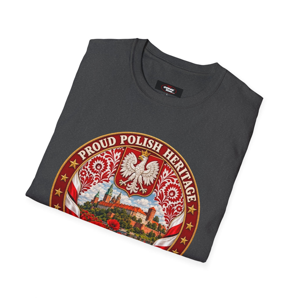 Poland Pride T-Shirt — "Proud Polish Heritage" Circle Crest with White Eagle and Floral Motif