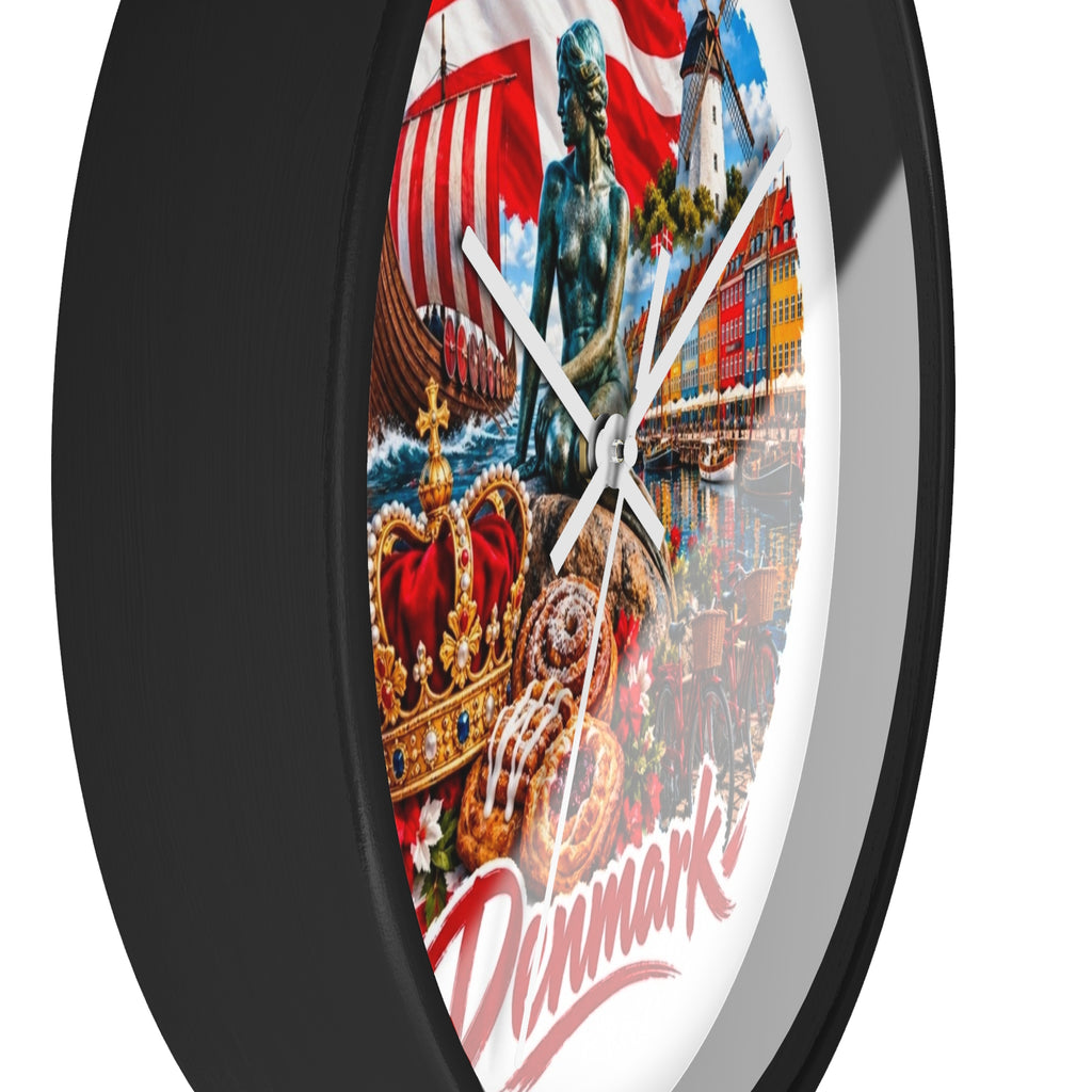 Denmark Wall Clock — Copenhagen Icons: Little Mermaid, Nyhavn, Viking Longship & Danish Pastries