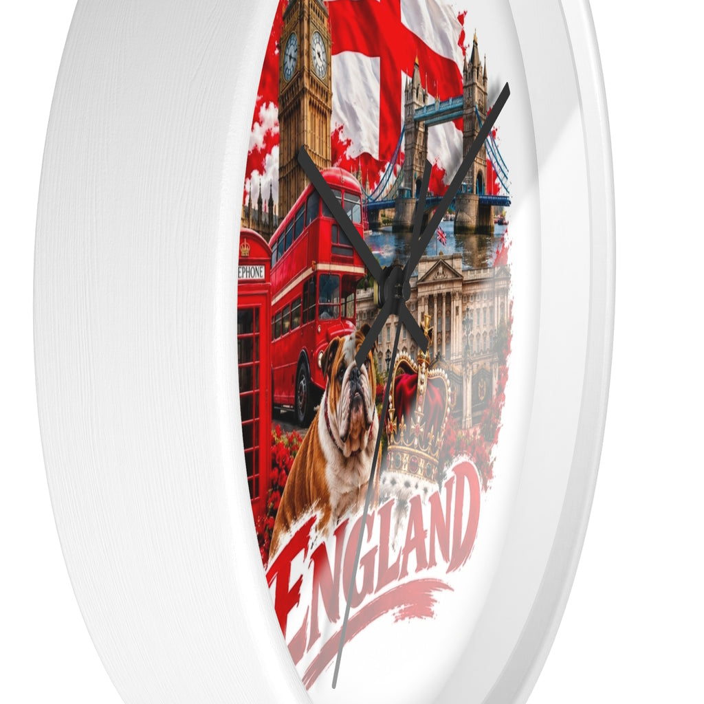 England Wall Clock – British Landmarks, Bulldog & St. George Flag Home Decor