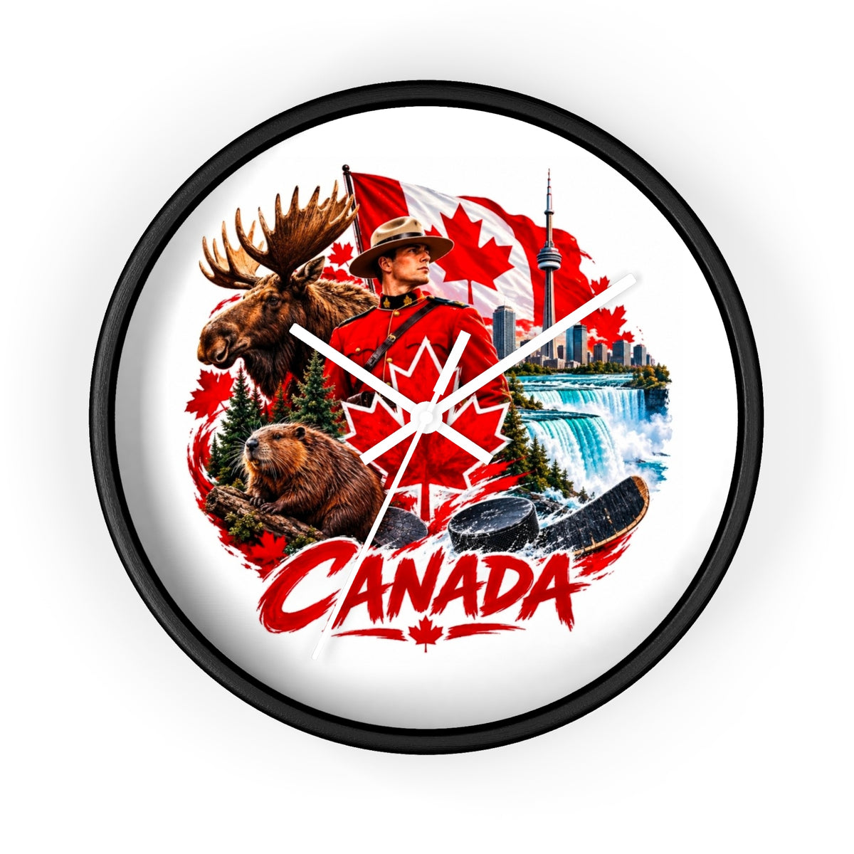 Canada Souvenir Wall Clock — Maple Leaf Moose, Bear & Mountie Collage
