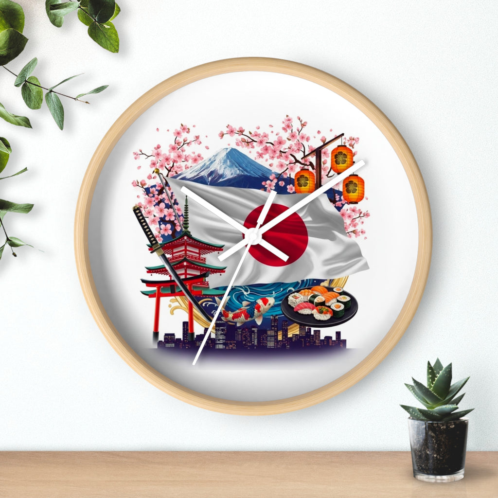 Japanese Flag Wall Clock — Mount Fuji, Sakura & Sushi Decorative Clock