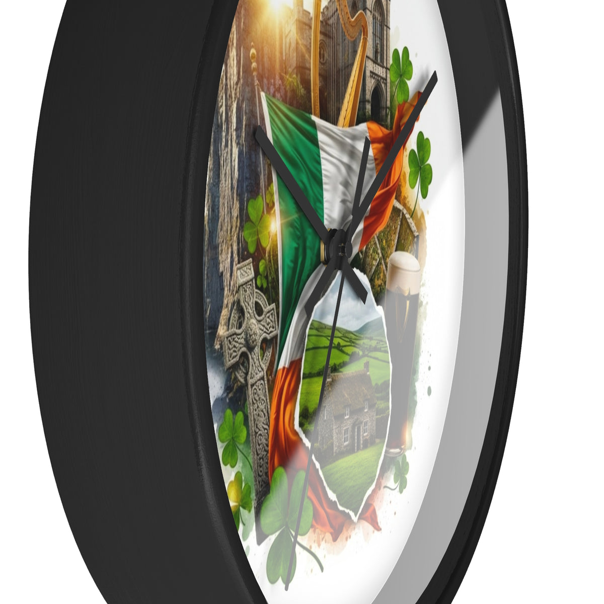 Irish Heritage Wall Clock — Celtic Flag, Shamrocks, Harp & Pub Pint Decor