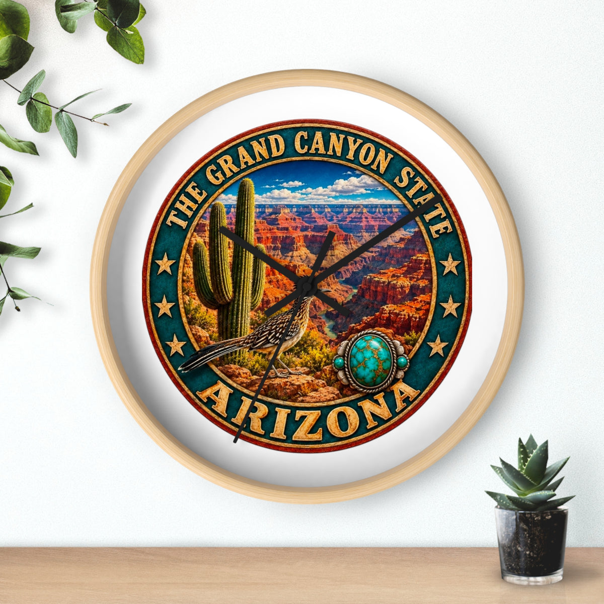 Arizona Grand Canyon State Wall Clock – Southwestern Cactus & Roadrunner Decor