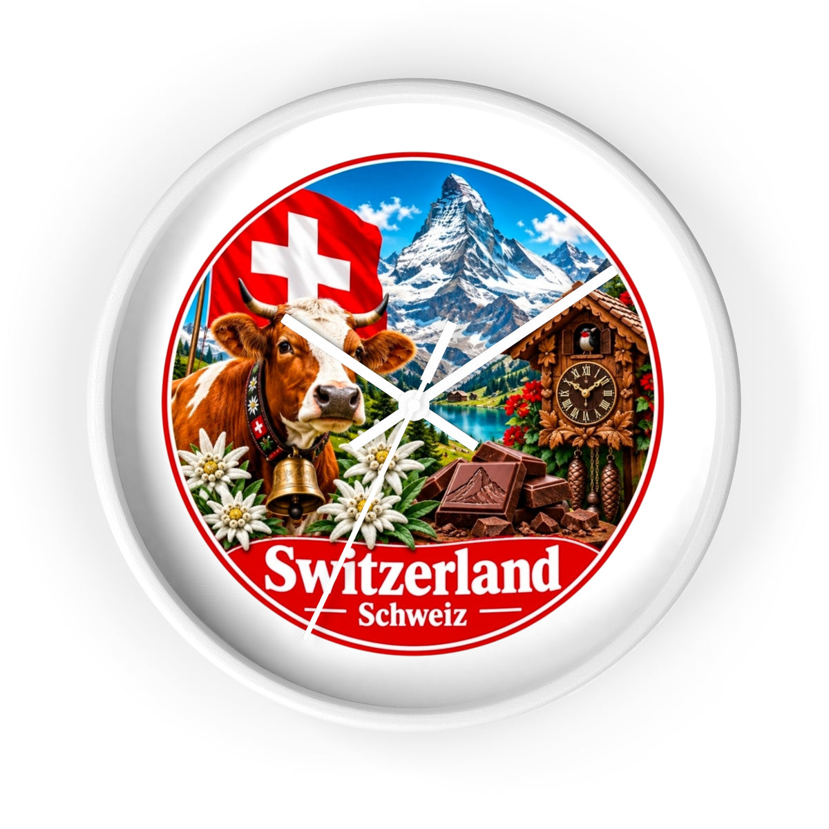 Switzerland Wall Clock — Alpine Cow, Cuckoo Clock & Matterhorn Souvenir