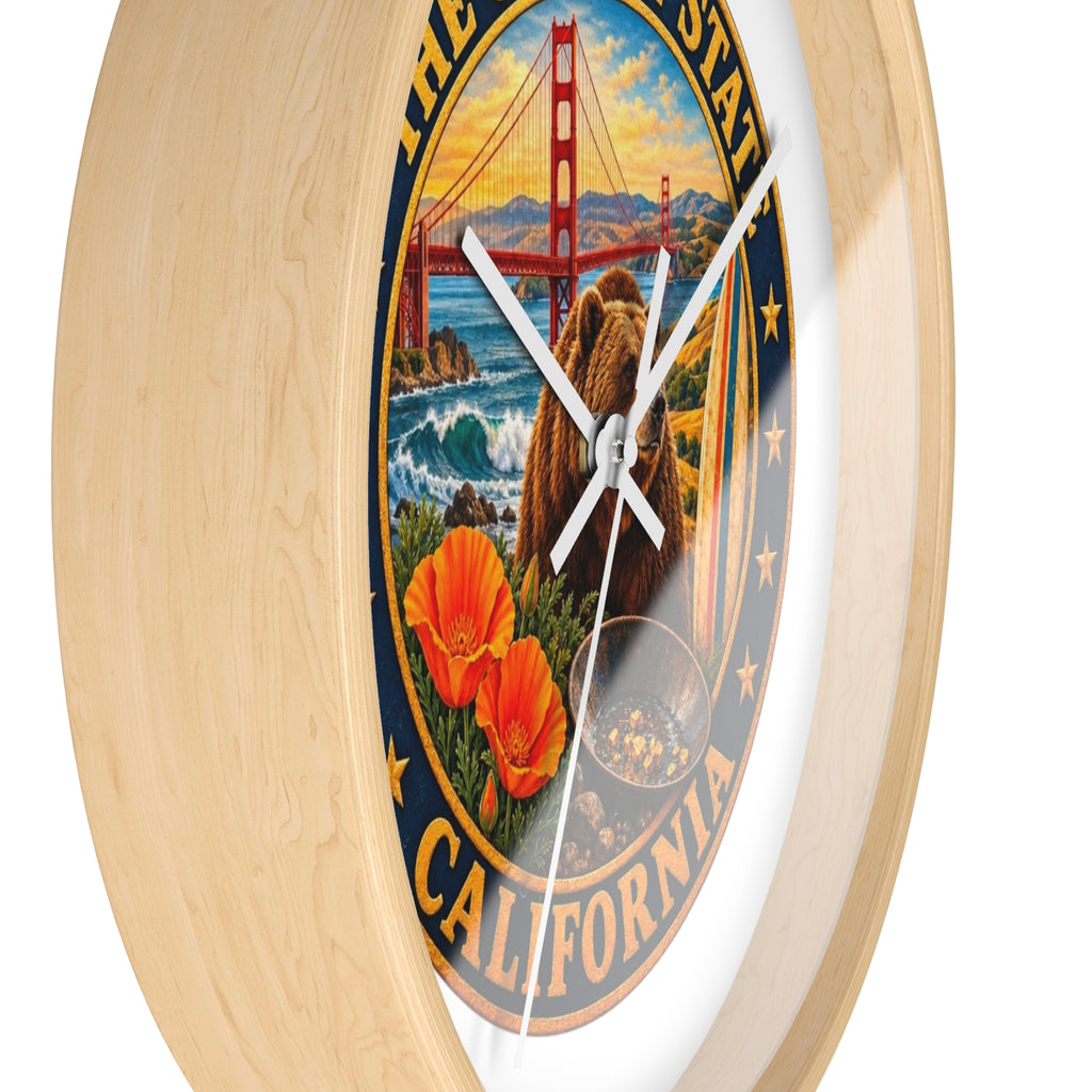 California Golden State Wall Clock — Golden Gate, Bear & Poppies Retro Travel Decor