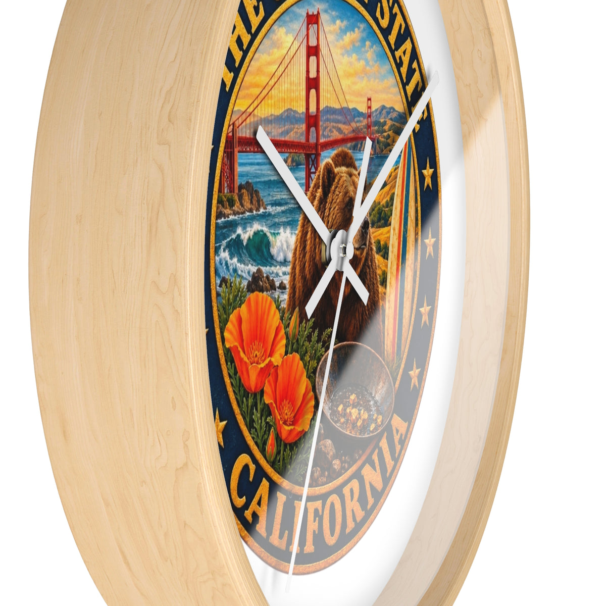 California Golden State Wall Clock — Golden Gate, Bear & Poppies Retro Travel Decor