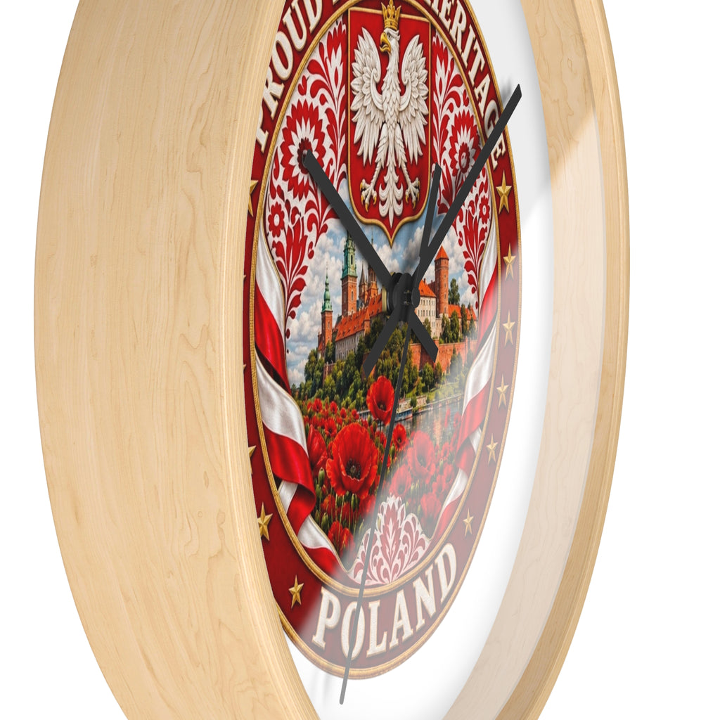 Poland Wall Clock — Proud Polish Heritage Design (Eagle, Castle & Poppies)