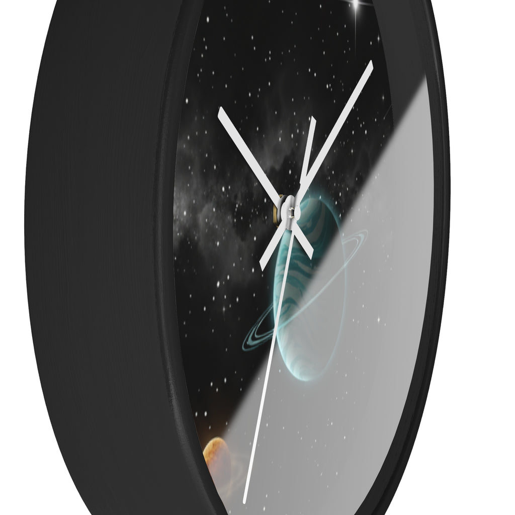 Space Planet Wall Clock — Teal Ringed Planet & Starfield Decorative Clock