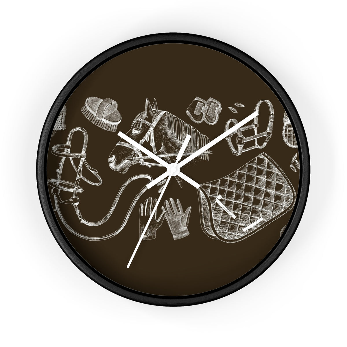 Equestrian Gear Wall Clock — Vintage Horse Tack Silhouette