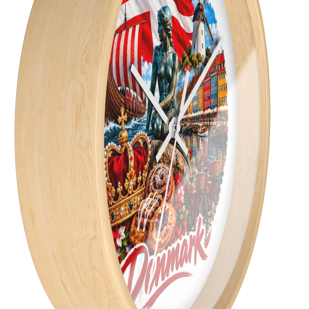 Denmark Wall Clock — Copenhagen Icons: Little Mermaid, Nyhavn, Viking Longship & Danish Pastries