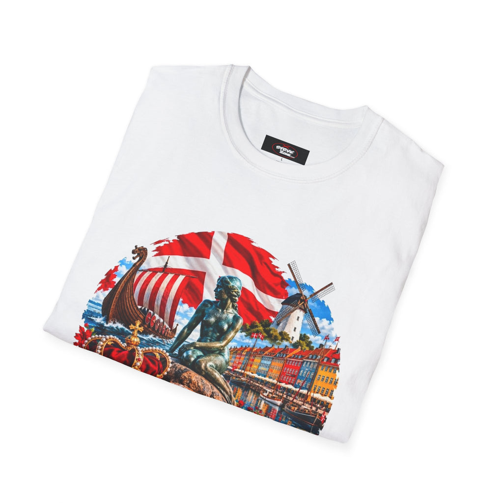 Denmark Travel T-Shirt — Copenhagen Landmarks & Viking Collage Tee