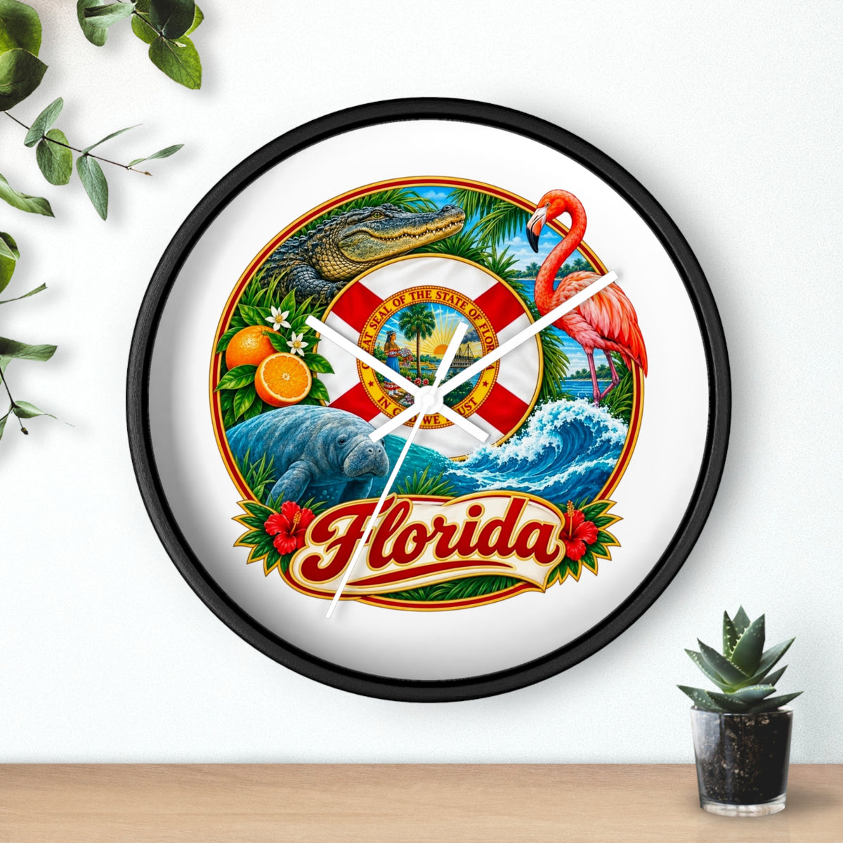 Florida Vintage Travel Wall Clock — Flamingo, Alligator & Citrus Scenic Decor