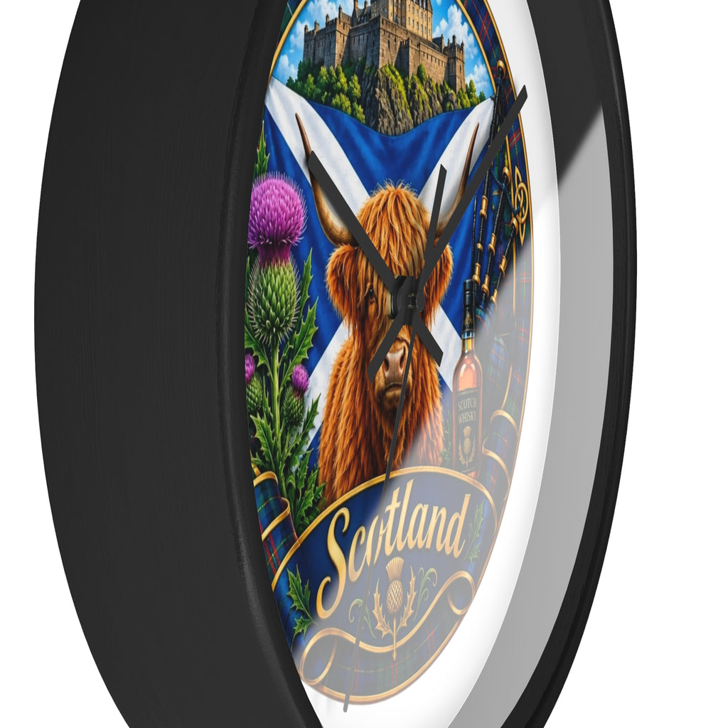 Scotland Highland Cow Wall Clock — Tartan Thistle Scottish Castle Home Decor