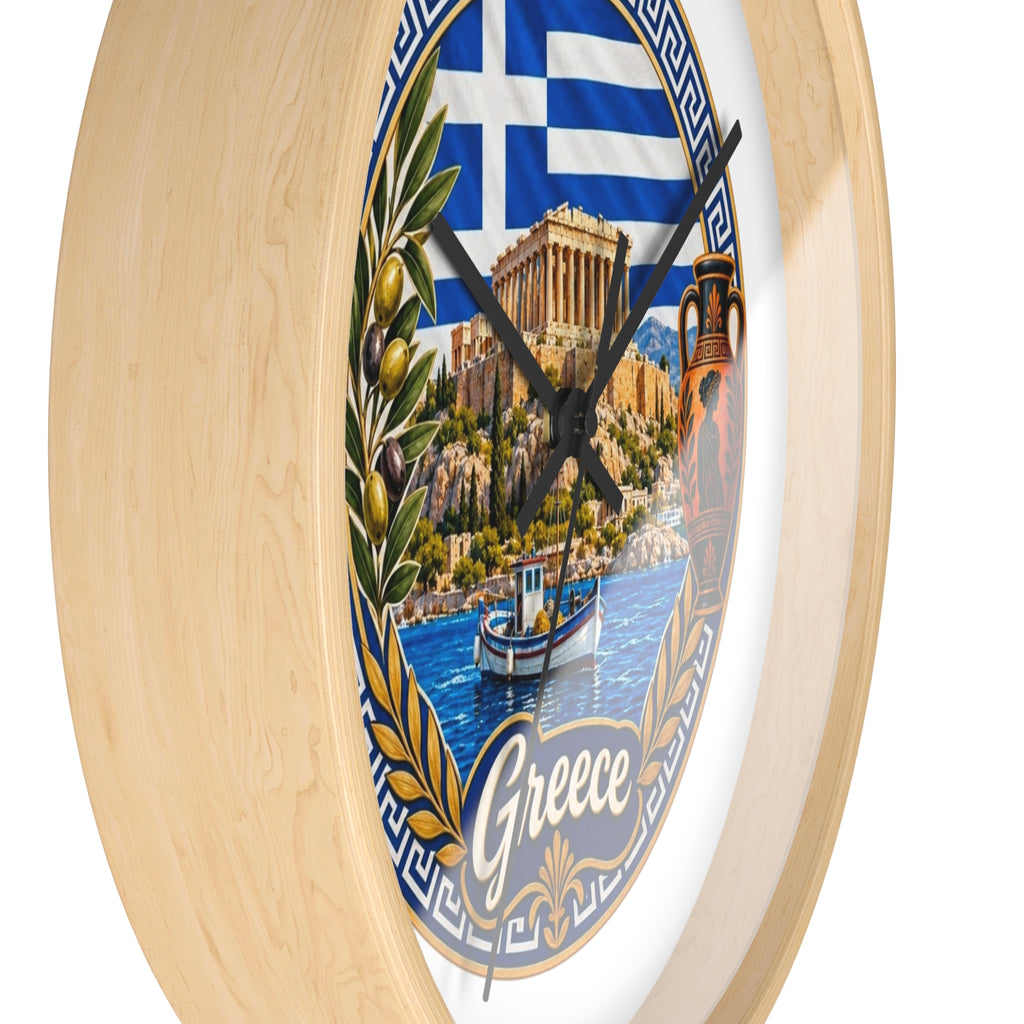 Greece Decorative Wall Clock — Parthenon, Olive Branch & Greek Flag Design