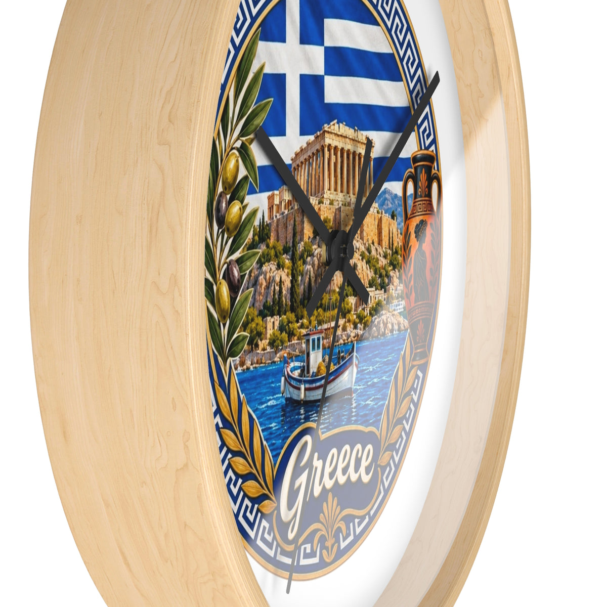 Greece Decorative Wall Clock — Parthenon, Olive Branch & Greek Flag Design