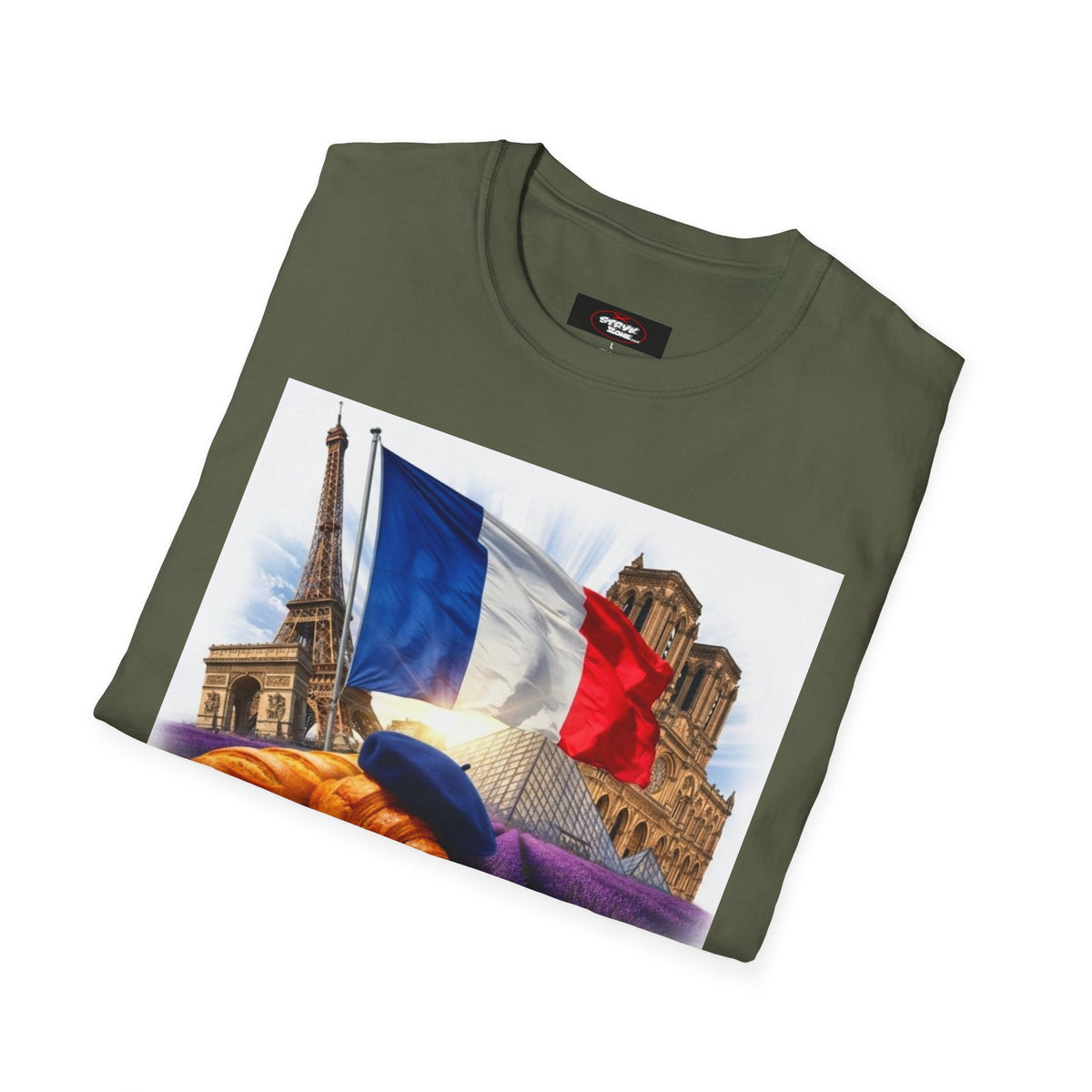 French Flag & Landmark T-Shirt — Eiffel Tower, Notre-Dame & Croissant Graphic