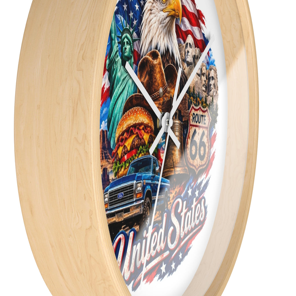 United States Patriotic Wall Clock — Eagle, Route 66 & American Landmarks