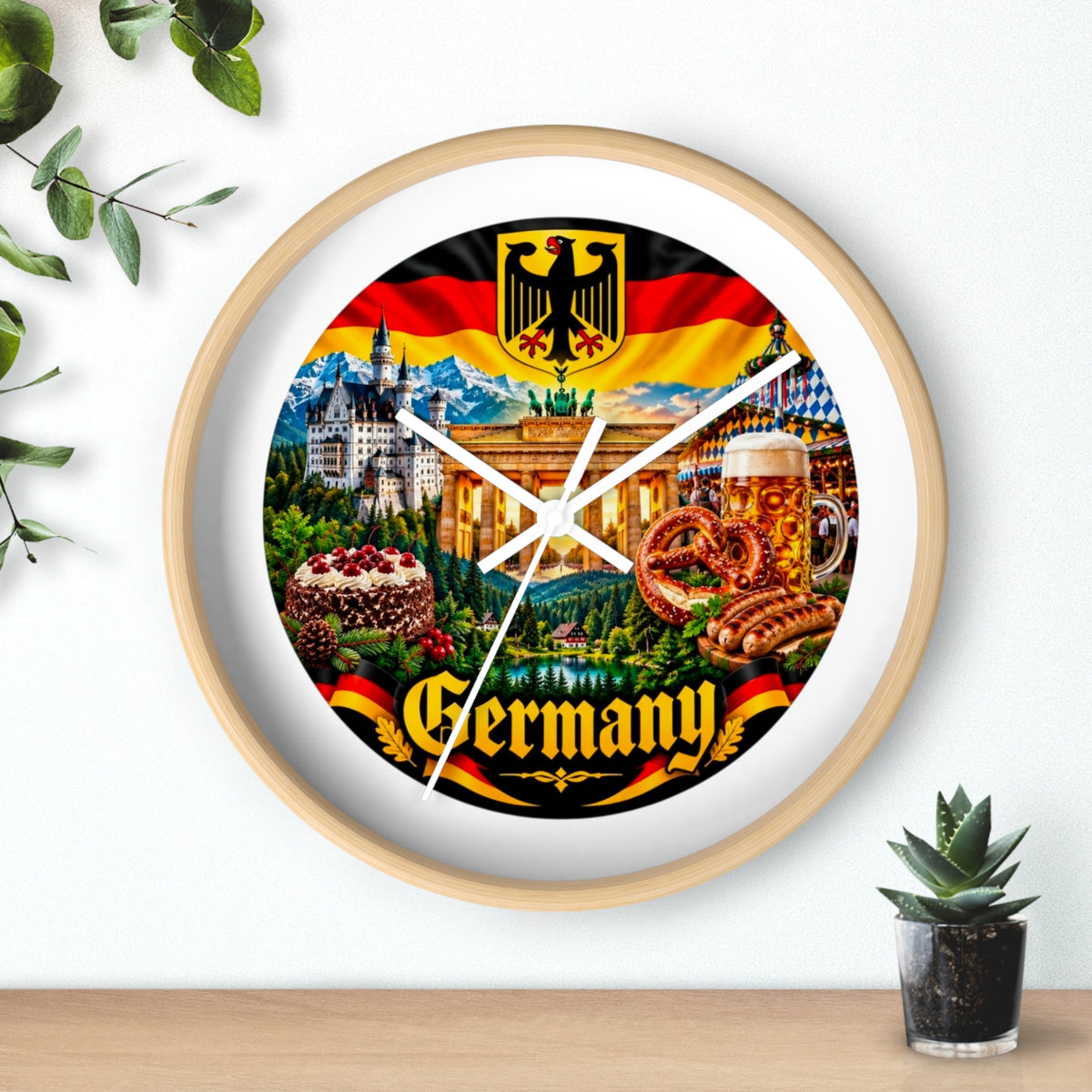 Germany Wall Clock — Travel Landmark Decor with Flag, Bavarian Pretzels & Beer
