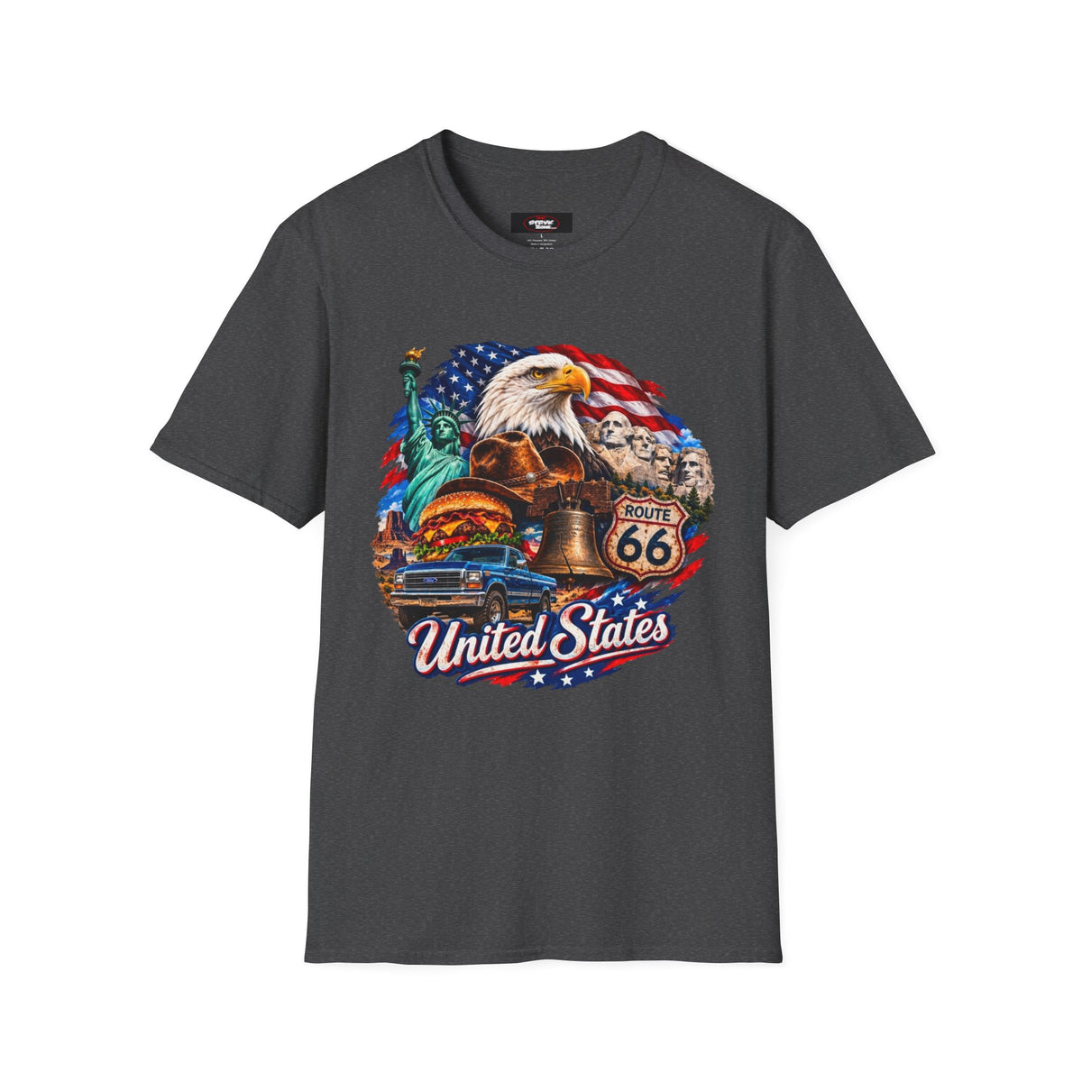 United States Patriotic T-Shirt — Bald Eagle, Statue of Liberty & Route 66 Design