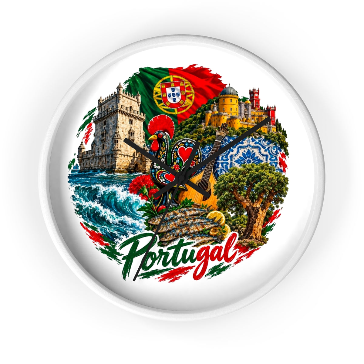 Portugal Wall Clock — Vintage Portuguese Landmarks & Galo de Barcelos Home Decor