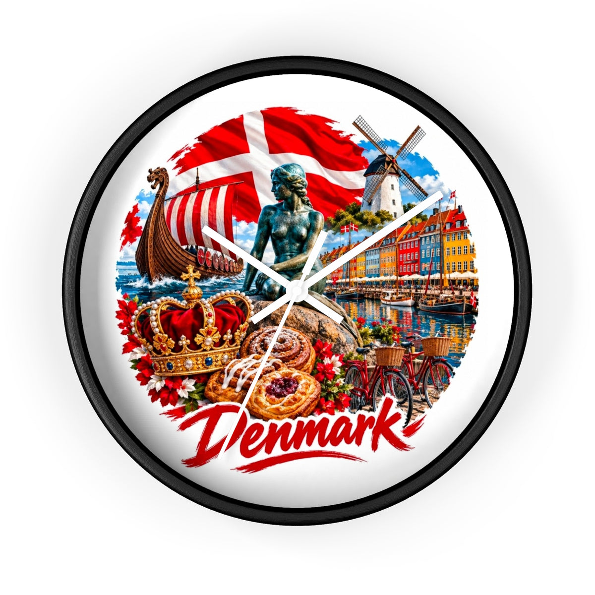 Denmark Wall Clock — Copenhagen Icons: Little Mermaid, Nyhavn, Viking Longship & Danish Pastries