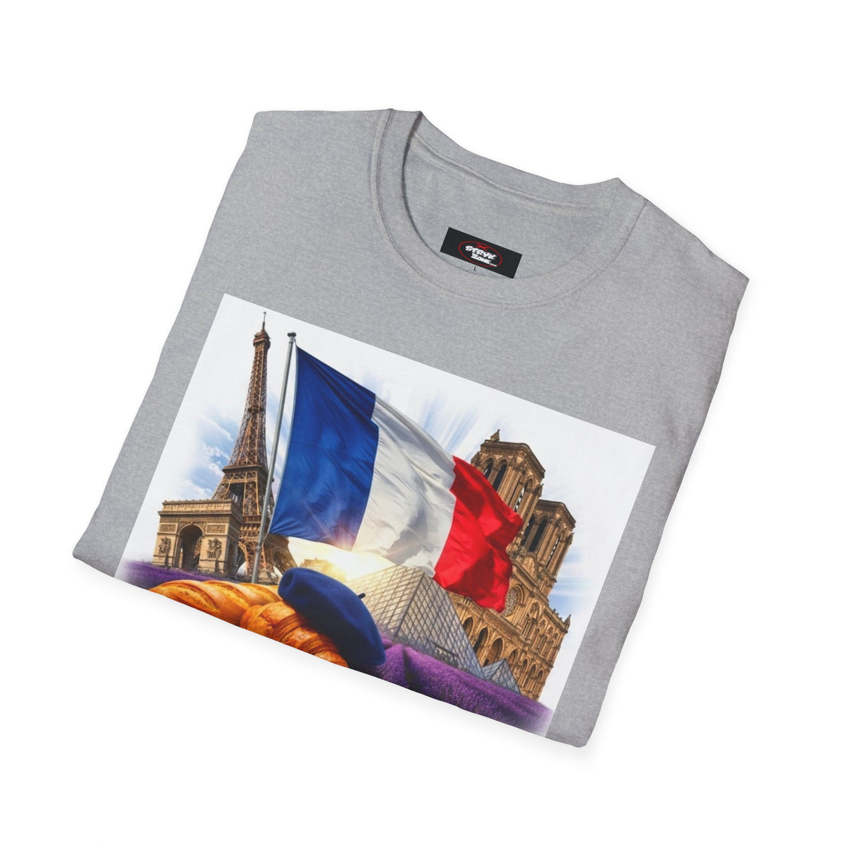French Flag & Landmark T-Shirt — Eiffel Tower, Notre-Dame & Croissant Graphic