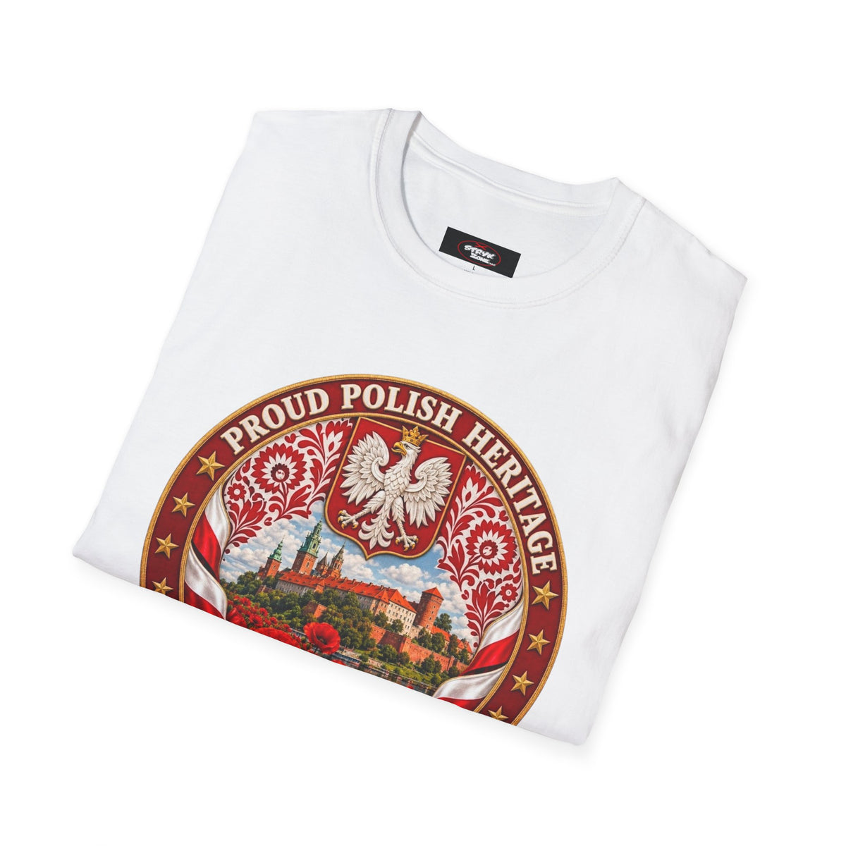 Poland Pride T-Shirt — "Proud Polish Heritage" Circle Crest with White Eagle and Floral Motif