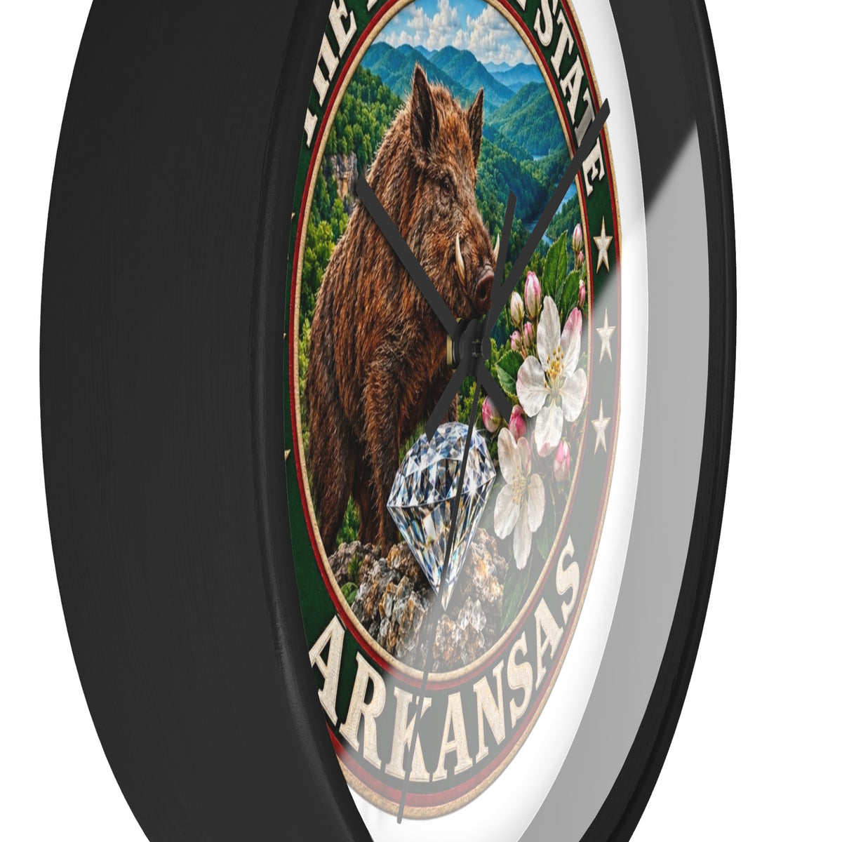 Arkansas State Seal Decorative Wall Clock — 'The Natural State' Bear, Diamond & Apple Blossom Design
