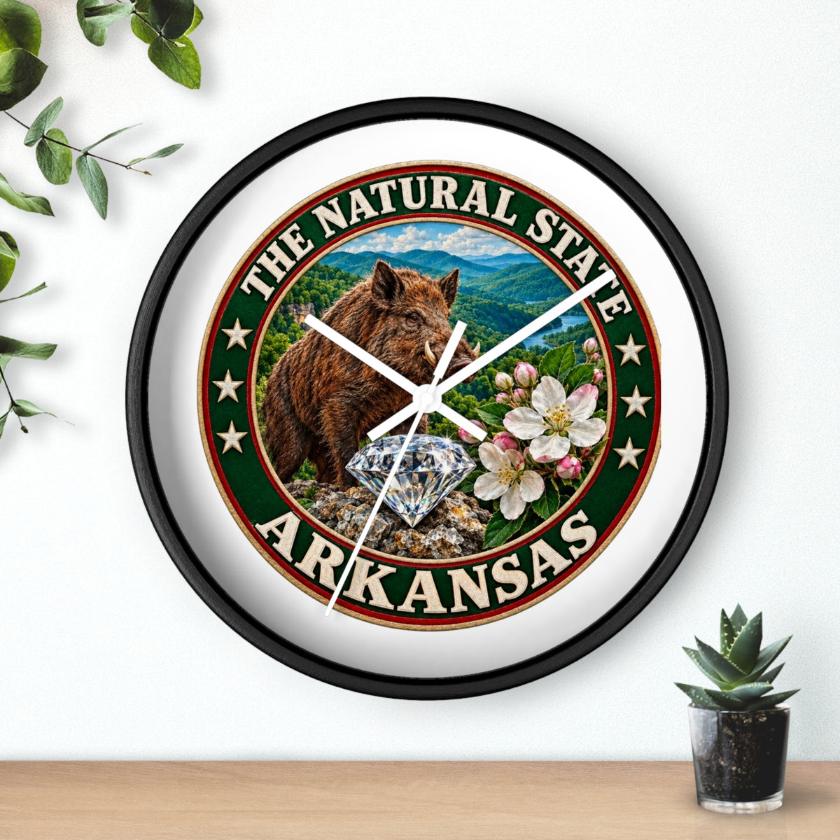 Arkansas State Seal Decorative Wall Clock — 'The Natural State' Bear, Diamond & Apple Blossom Design