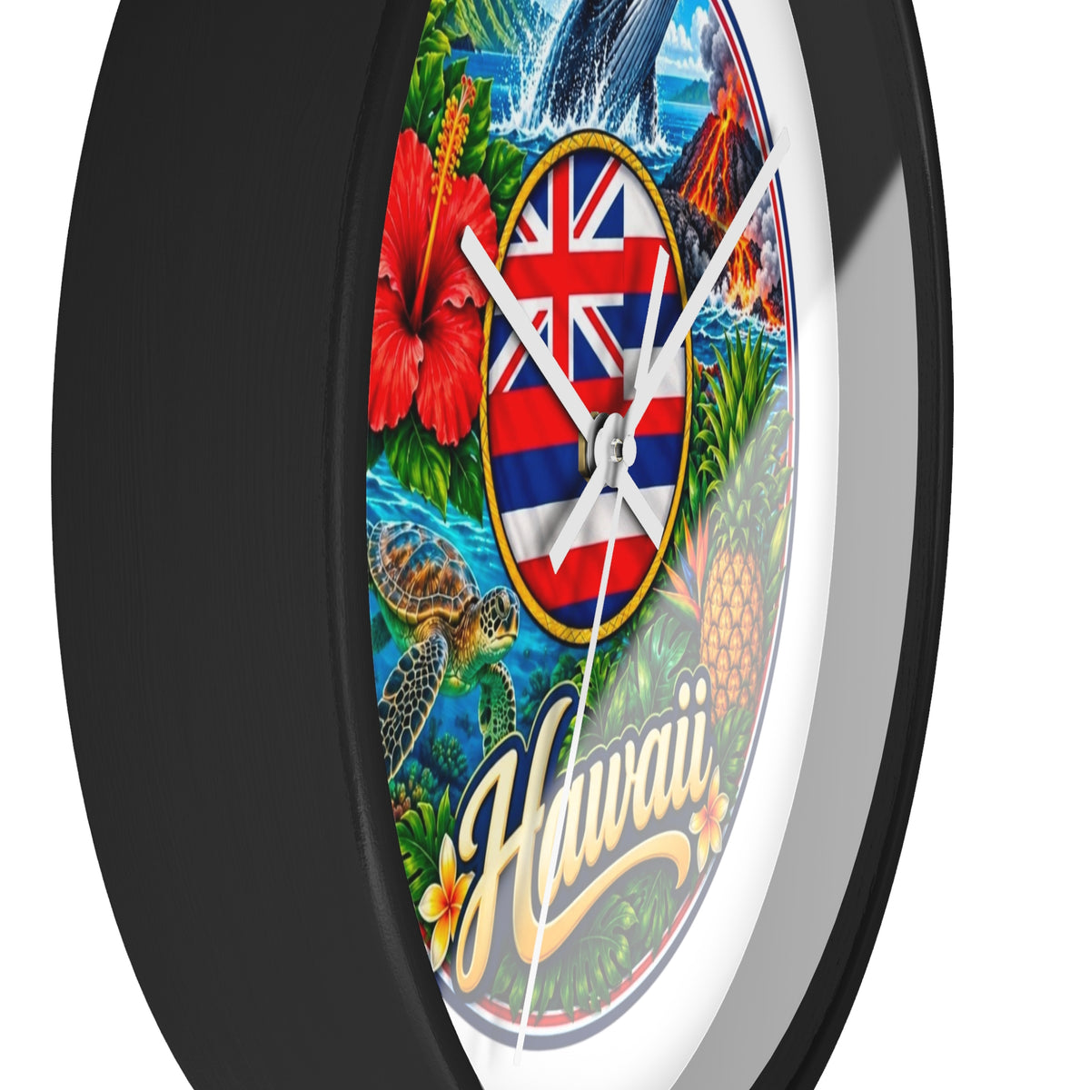 Hawaii Tropical Souvenir Wall Clock — Hawaiian Flag, Hibiscus, Pineapple & Whale Design