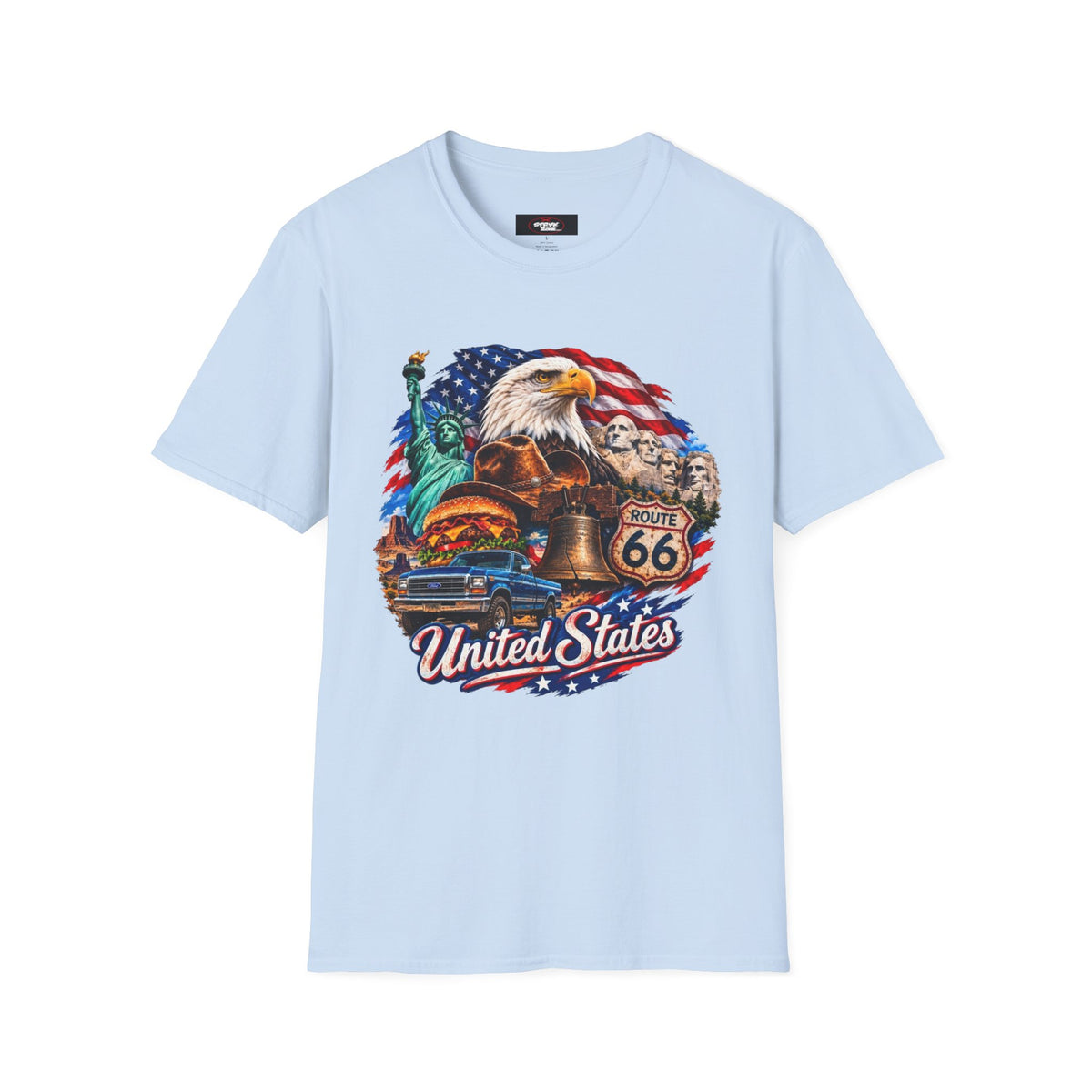 United States Patriotic T-Shirt — Bald Eagle, Statue of Liberty & Route 66 Design