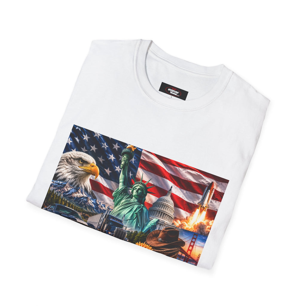 Patriotic USA Montage T-Shirt – Eagle, Statue of Liberty & American Flag Design