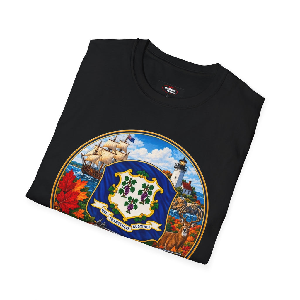 Connecticut Retro State Seal T-Shirt — Vintage Lighthouse & Ship Design