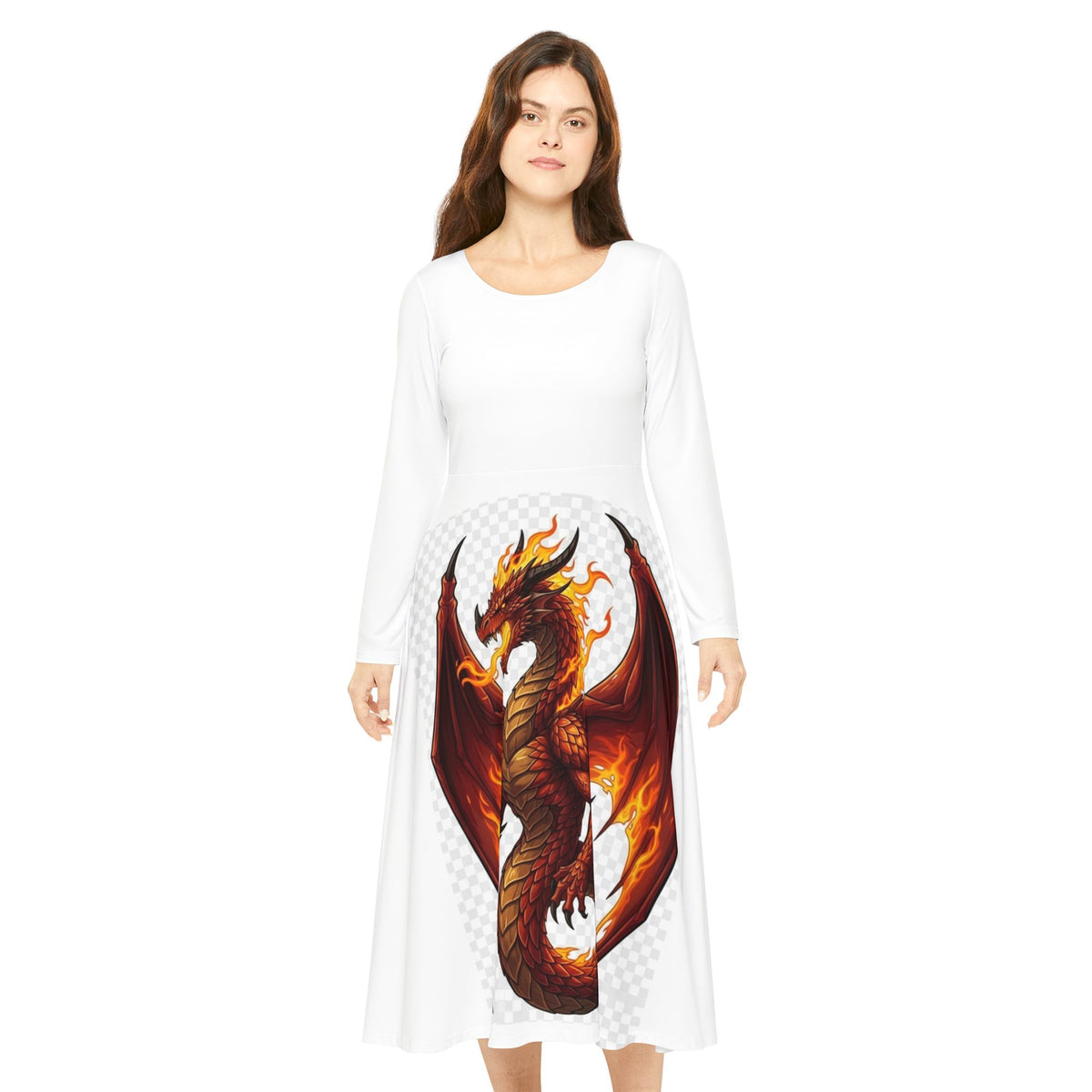 Flaming Dragon Long Sleeve Dance Dress — Fiery Fantasy AOP Skater Dress