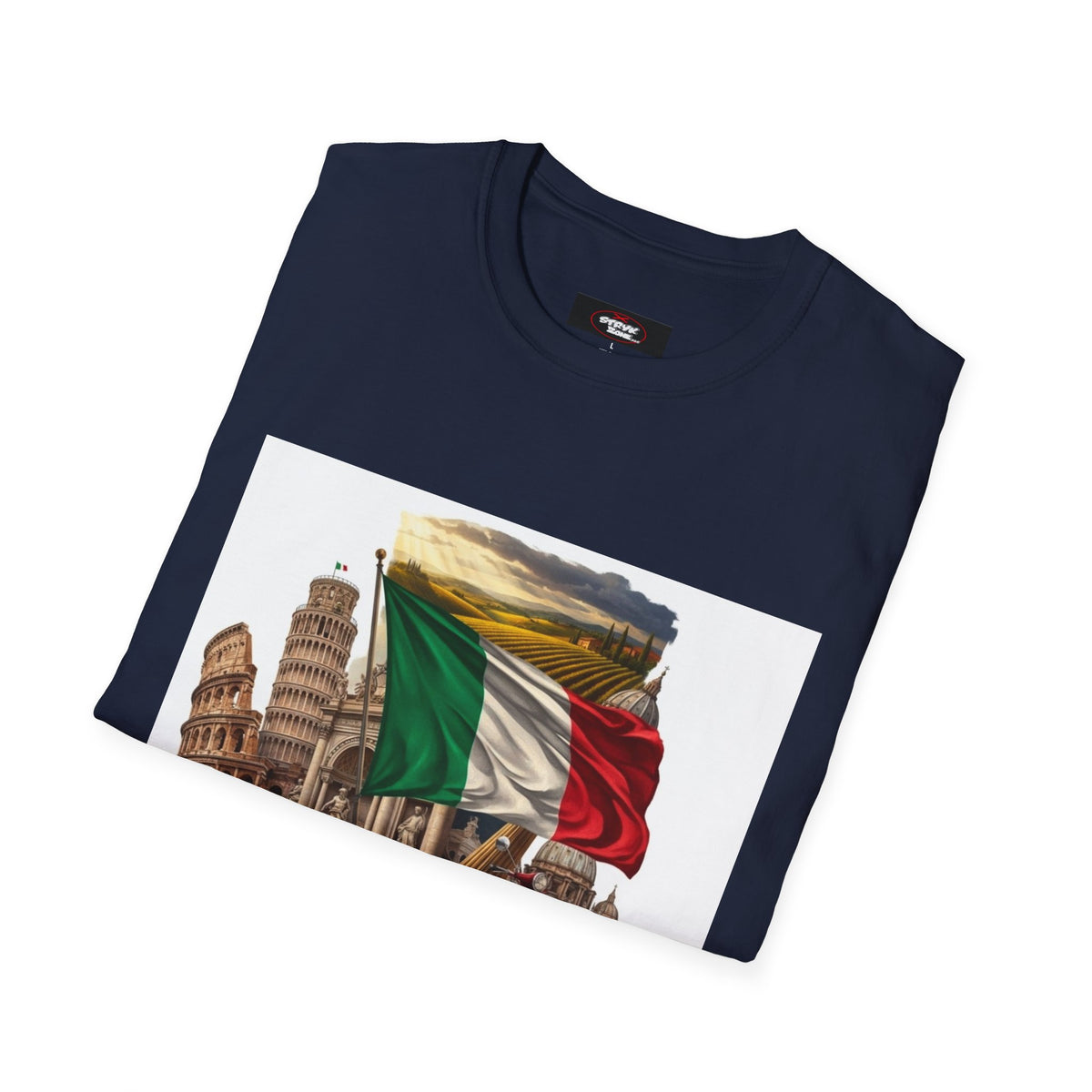Italian Landmarks & Cuisine T-Shirt — Pizza, Colosseum & Flag Graphic