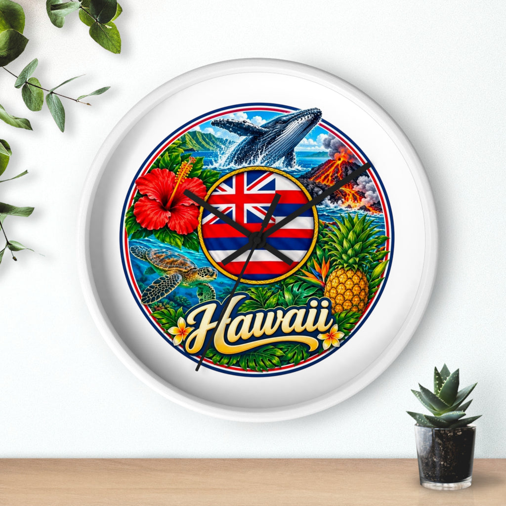 Hawaii Tropical Souvenir Wall Clock — Hawaiian Flag, Hibiscus, Pineapple & Whale Design