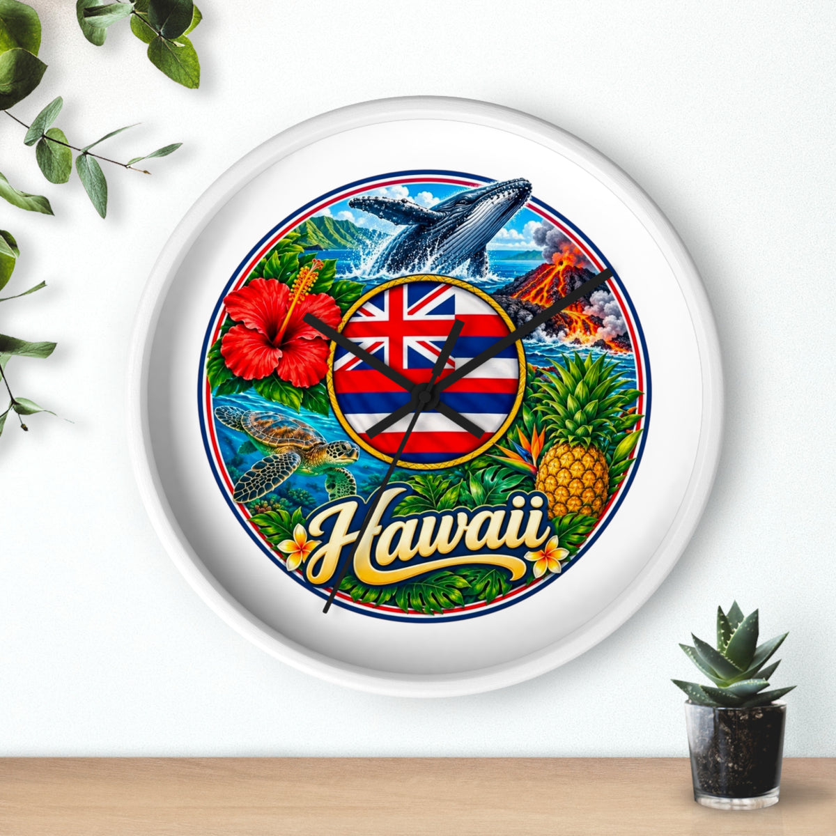 Hawaii Tropical Souvenir Wall Clock — Hawaiian Flag, Hibiscus, Pineapple & Whale Design