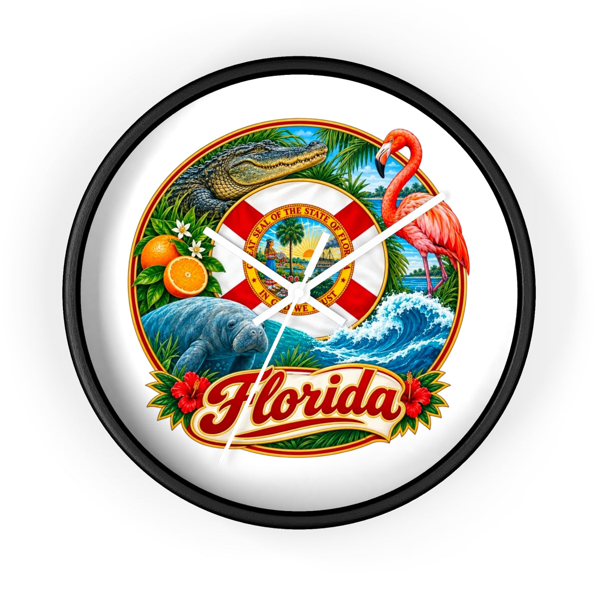 Florida Vintage Travel Wall Clock — Flamingo, Alligator & Citrus Scenic Decor