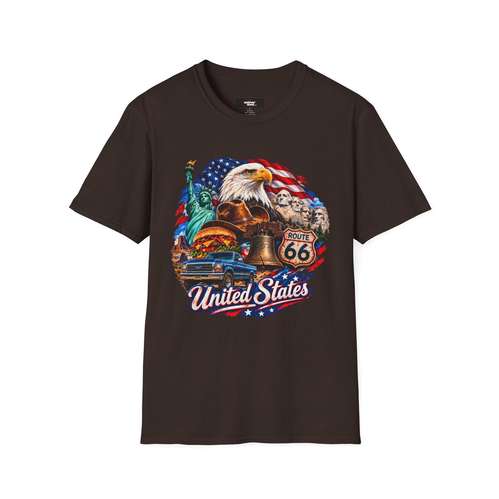 United States Patriotic T-Shirt — Bald Eagle, Statue of Liberty & Route 66 Design