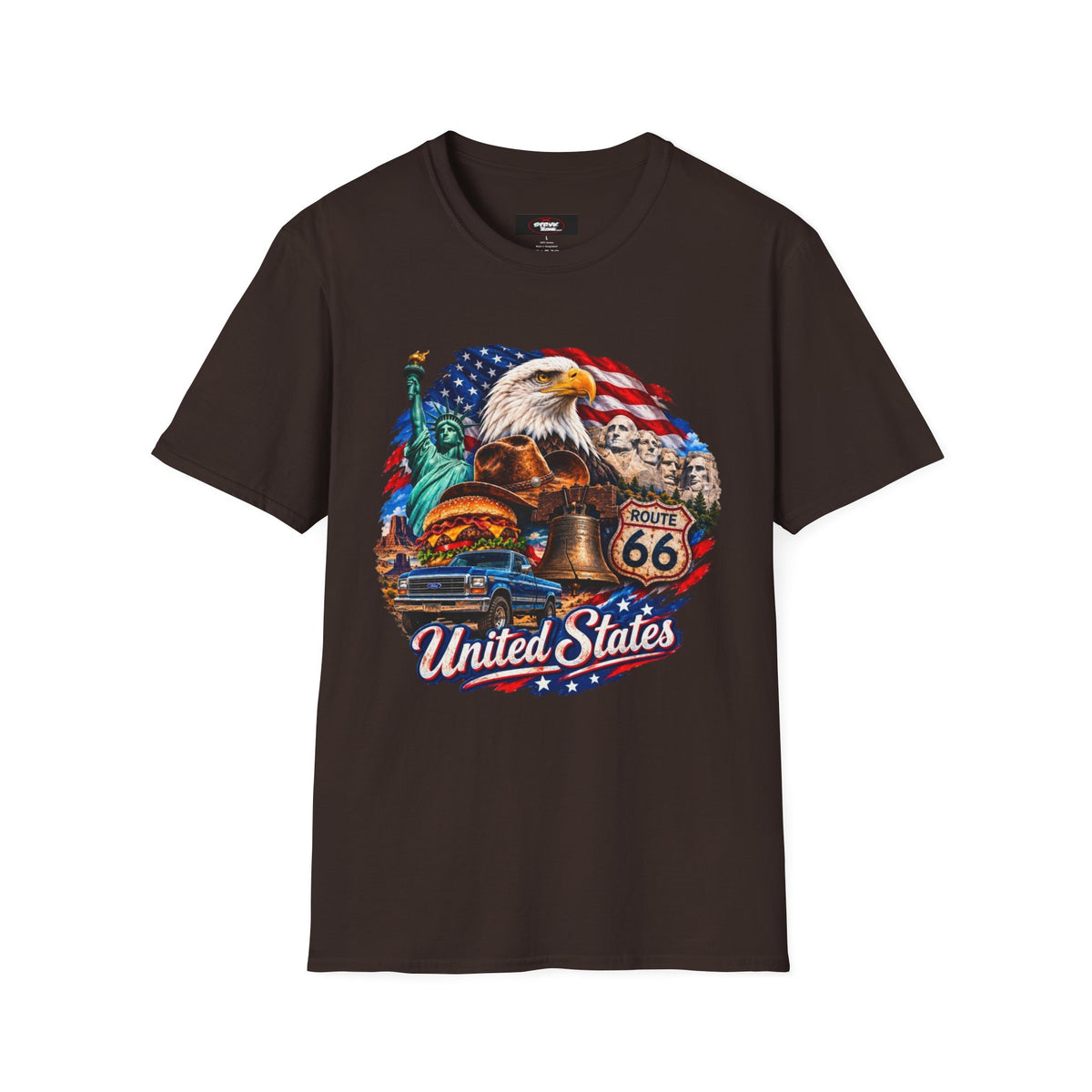 United States Patriotic T-Shirt — Bald Eagle, Statue of Liberty & Route 66 Design