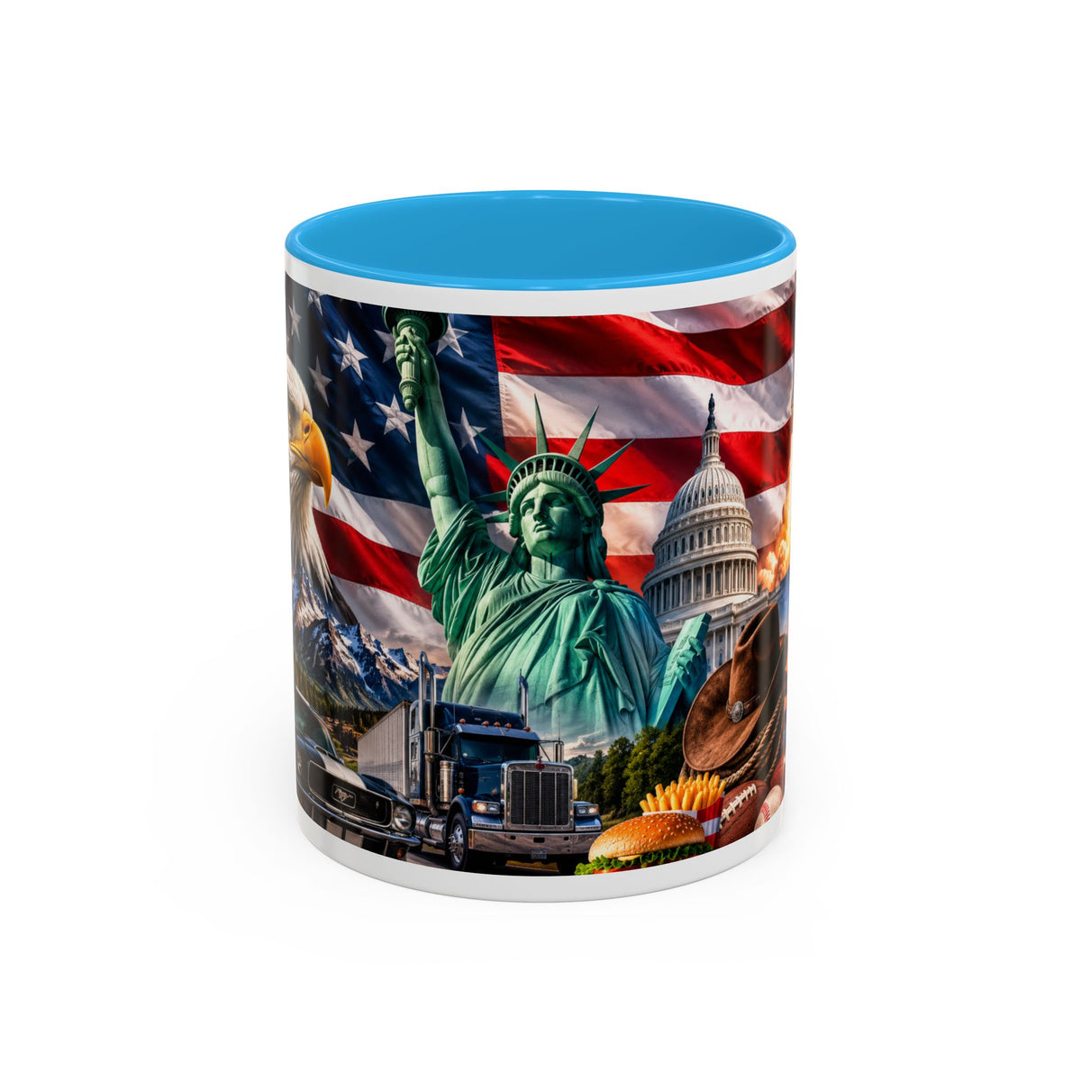 Patriotic USA Collage Mug — Statue of Liberty, Capitol & American Flag (Two-Tone)
