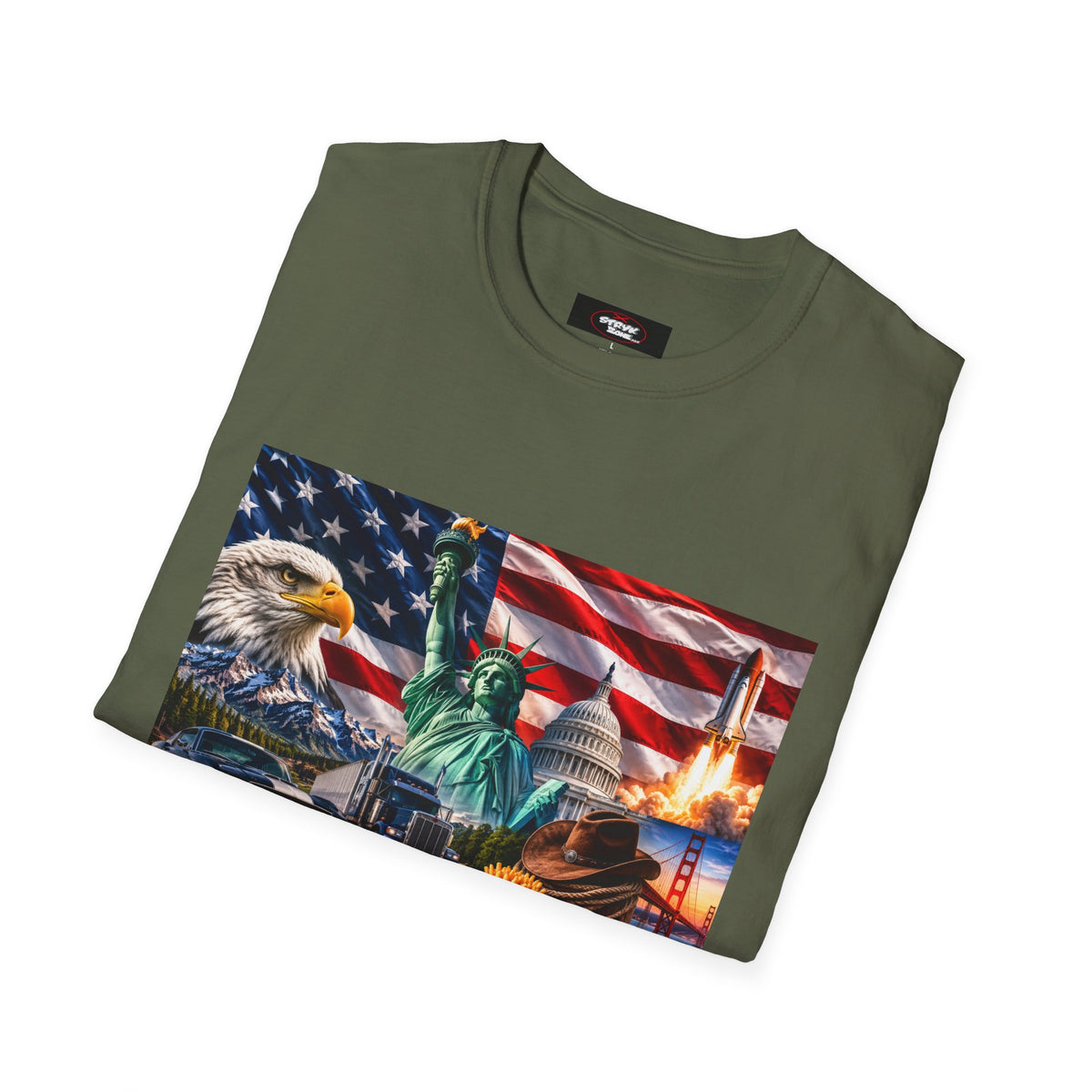 Patriotic USA Montage T-Shirt – Eagle, Statue of Liberty & American Flag Design