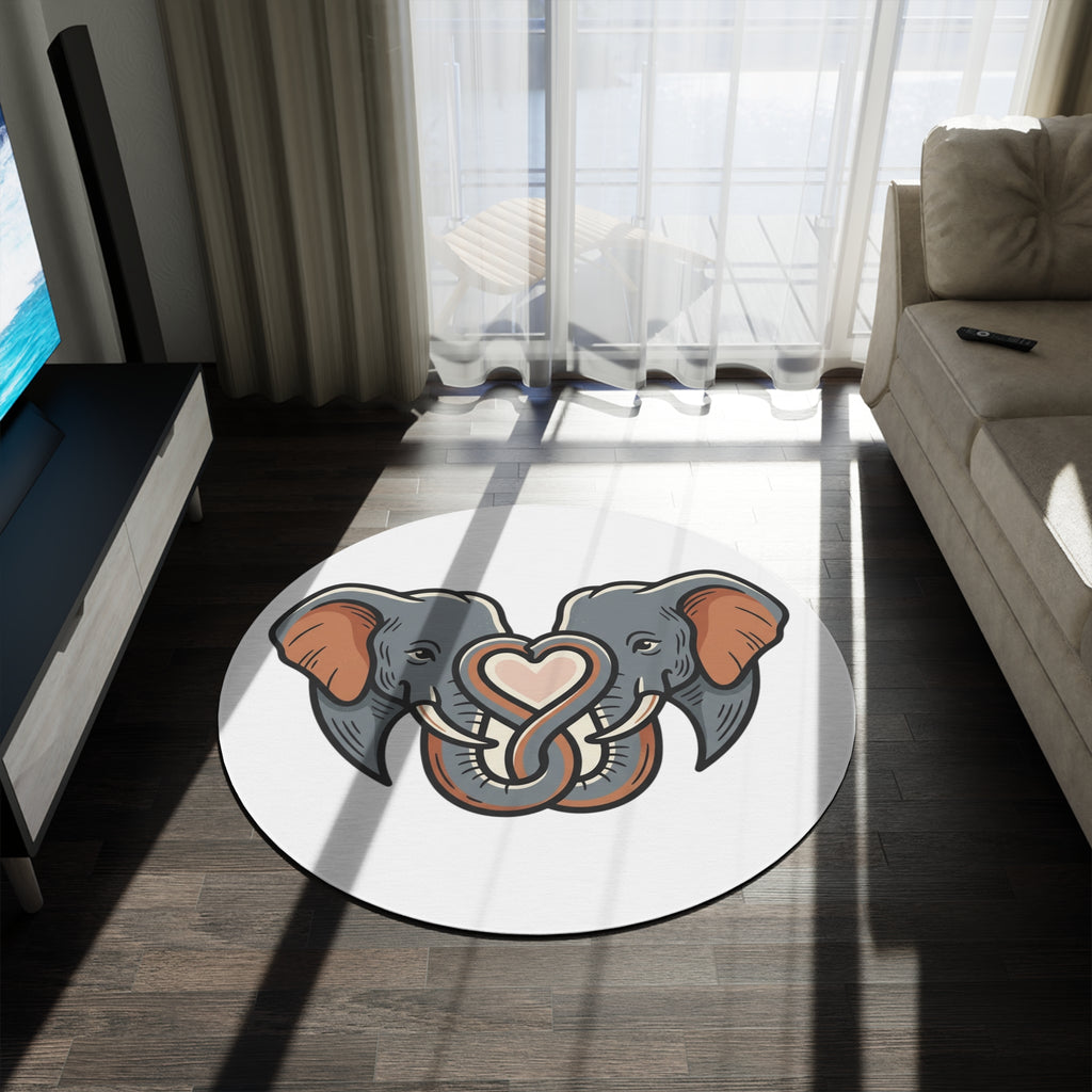 Elephant Heart Round Rug — Cute Elephant Couple Decorative Accent Rug