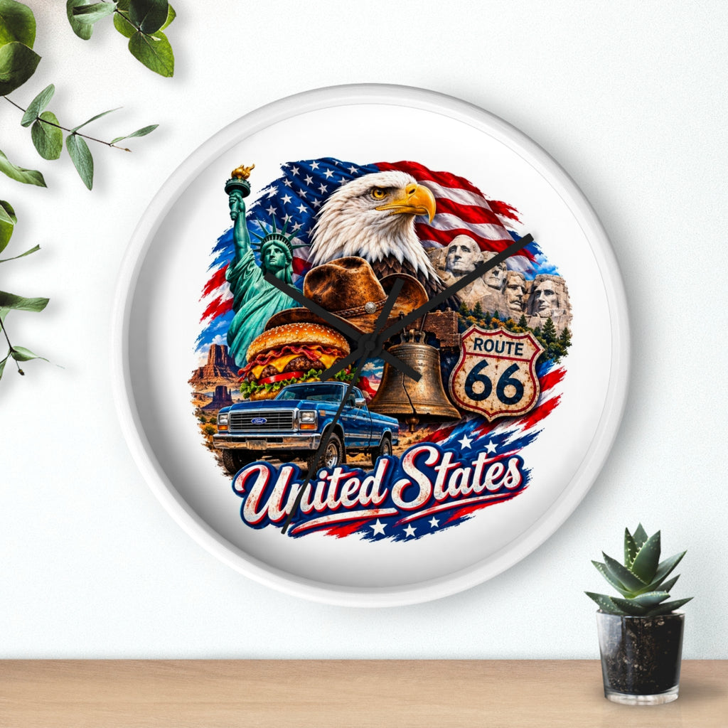 United States Patriotic Wall Clock — Eagle, Route 66 & American Landmarks