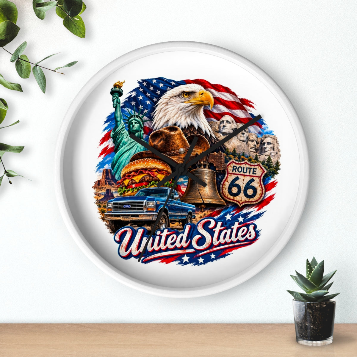 United States Patriotic Wall Clock — Eagle, Route 66 & American Landmarks