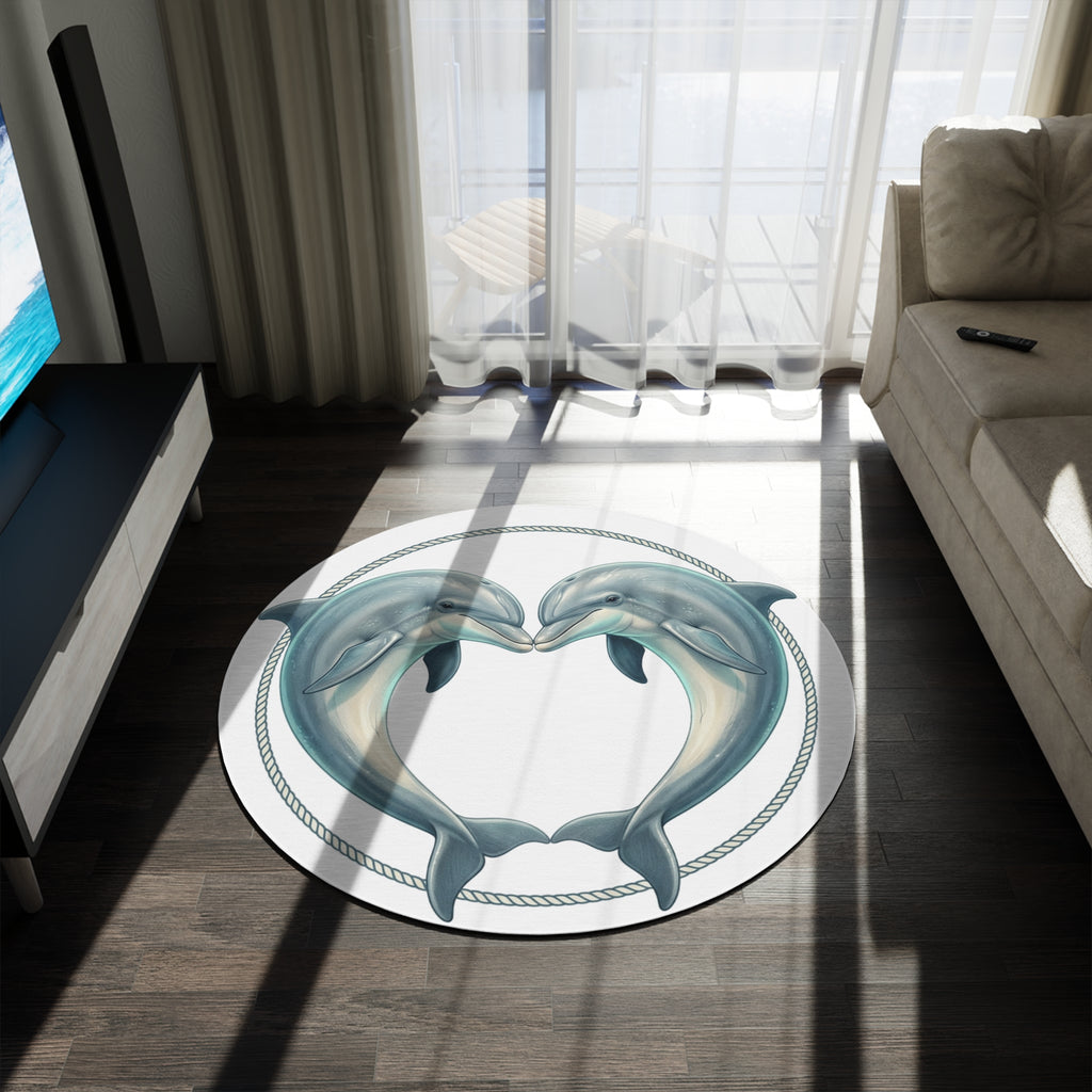 Dolphin Heart Round Rug — Nautical Coastal Accent Mat